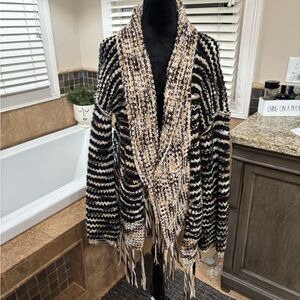 POL Black and Cream Knit Cardigan with Fringe